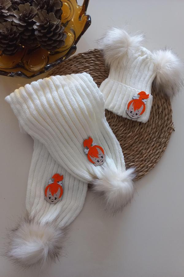 MARS BABY Kız Erkek Unisex Bebek Çocuk Ekru Krem Turuncu Çakıl Figürlü Ponponlu Atkı Bere Takımı - Image 1