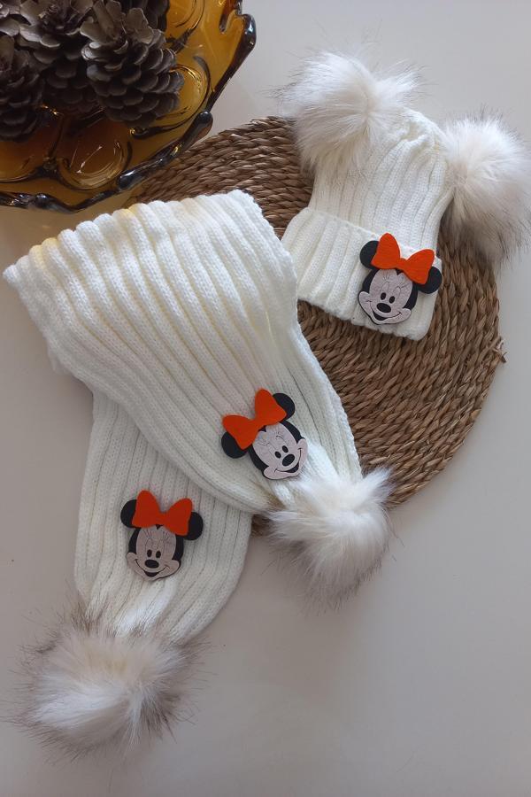 MARS BABY Kız Erkek Unisex Bebek Çocuk Ekru Krem Turuncu Mickey Minnie Mouse Figürlü Ponponlu Atkı B - Image 1