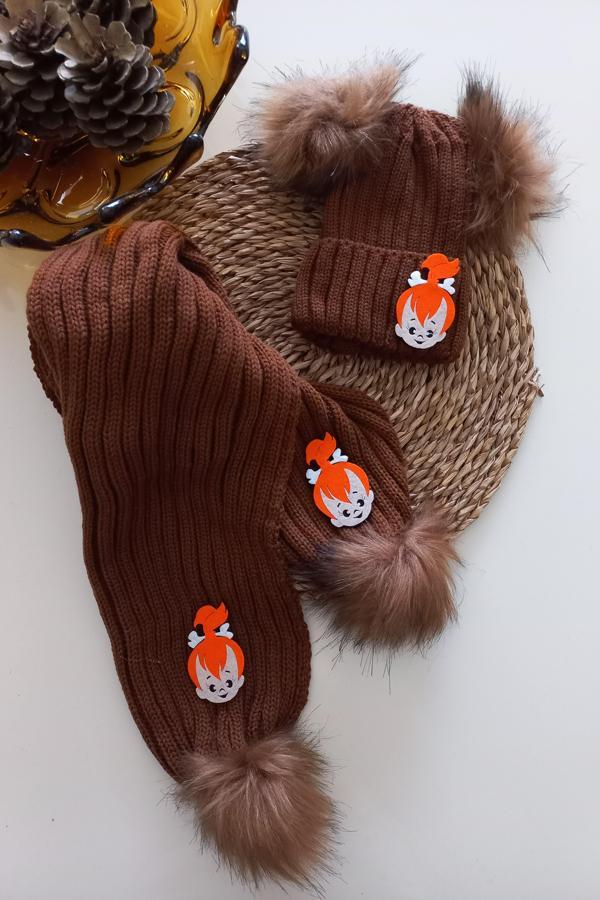MARS BABY Kız Erkek Unisex Bebek Çocuk Taba Kahve Çakıl Figürlü Ponponlu Atkı Bere Takımı - Image 1