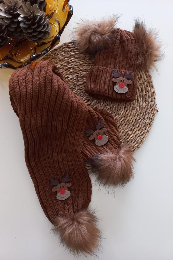MARS BABY Kız Erkek Unisex Bebek Çocuk Taba Kahve Geyik Figürlü Ponponlu Atkı Bere Takımı - Image 1