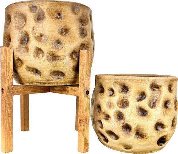 Bitki Tasarımı Ev Dekorasyon Aksesuar Naturel Desenli Toprak Saksı Saksılık Salon Çiçeklik İkili Set 4 Ayaklı - Ayaksız  - Image 1