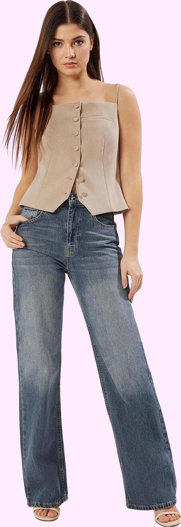 Kadın Yüksek Bel Geniş Paça Denim Pantolon Pamuk Günlük Stil Hafta Sonu Yaz Aylarının Vazgeçilmezi - Image 1