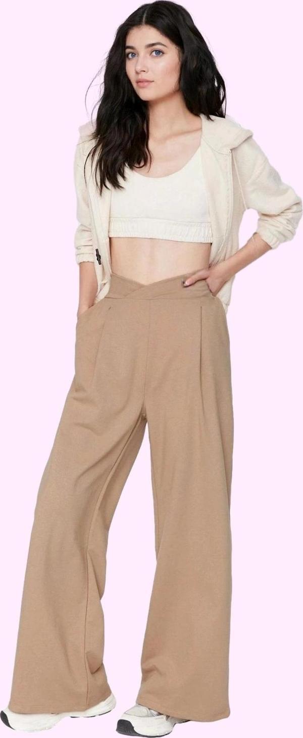 Kadın Geniş Paça Örme Pantolon Yüksek Bel Beli Lastikli Slogan Desenli Kışlık Günlük Kullanım - Image 1