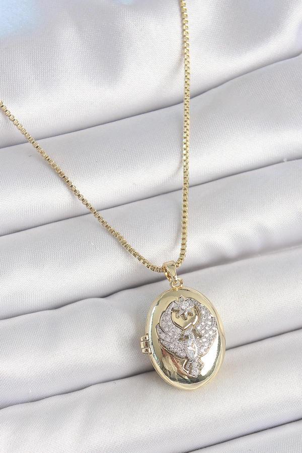 316L Çelik Gold Renk Zincir Zirkon Taşlı Anka Kuşu İşlemeli Açılır Model Kadın Kolye - Image 1