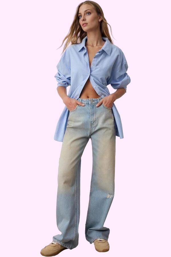 Kadın Yüksek Bel Geniş Paça Denim Jean Pantolon Pamuk Günlük Stil Yaz Aylarının Vazgeçilmezi - Image 1