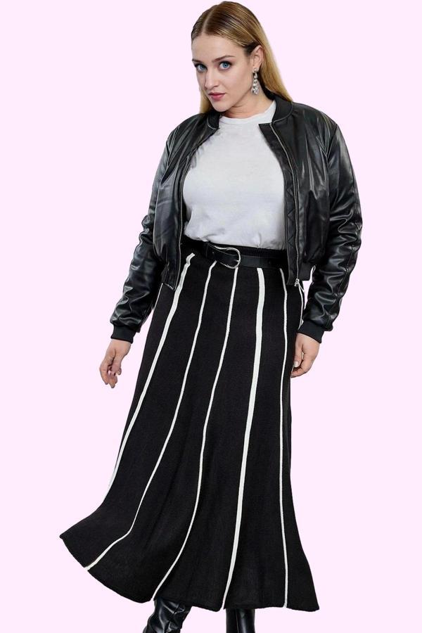 Kadın Çizgili Midi Triko Etek Normal Bel Kloş Günlük Stil Hafta Sonu Yaz Aylarının Vazgeçilmezi - Image 1