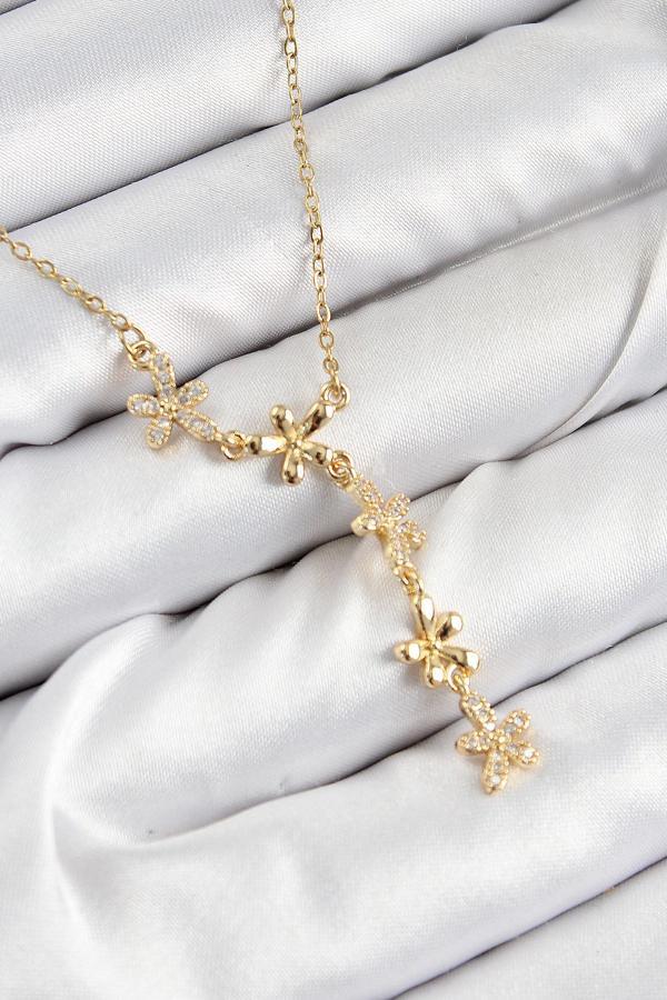 316L Çelik Zirkon Taşlı Çiçek Model Gold Renk Kadın Kolye - Image 1