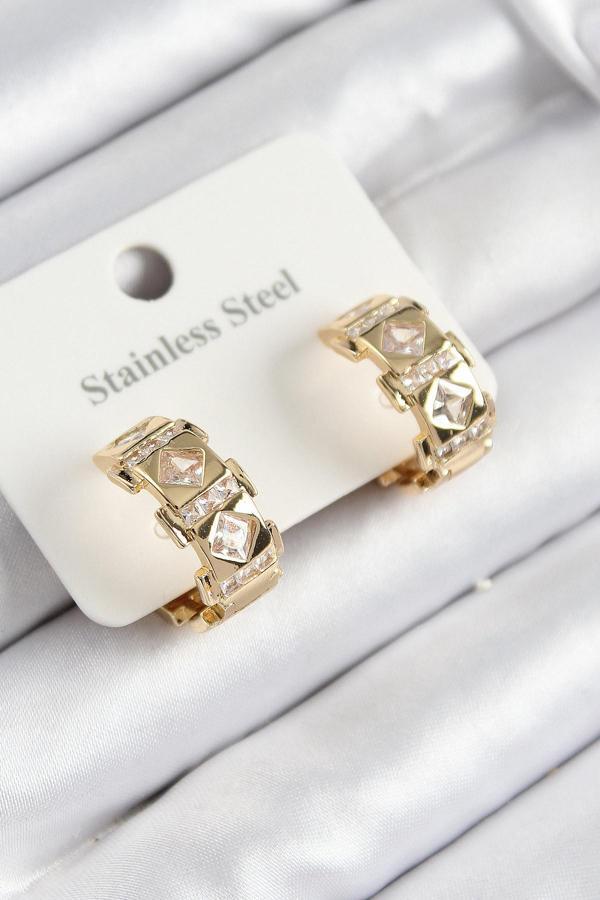 316L Çelik Zirkon Taşlı Halka Model Gold Renk Kadın Küpe - Image 1