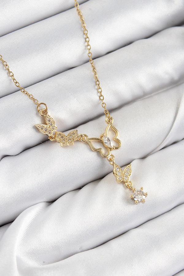 316L Çelik Zirkon Taşlı Kelebek Model Gold Renk Kadın Kolye - Image 1