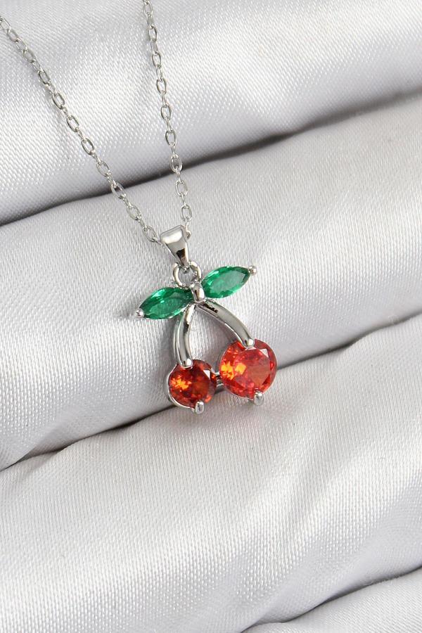 Pirinç Zirkon Taşlı Kiraz Model Gümüş Renk Kadın Kolye - Image 1