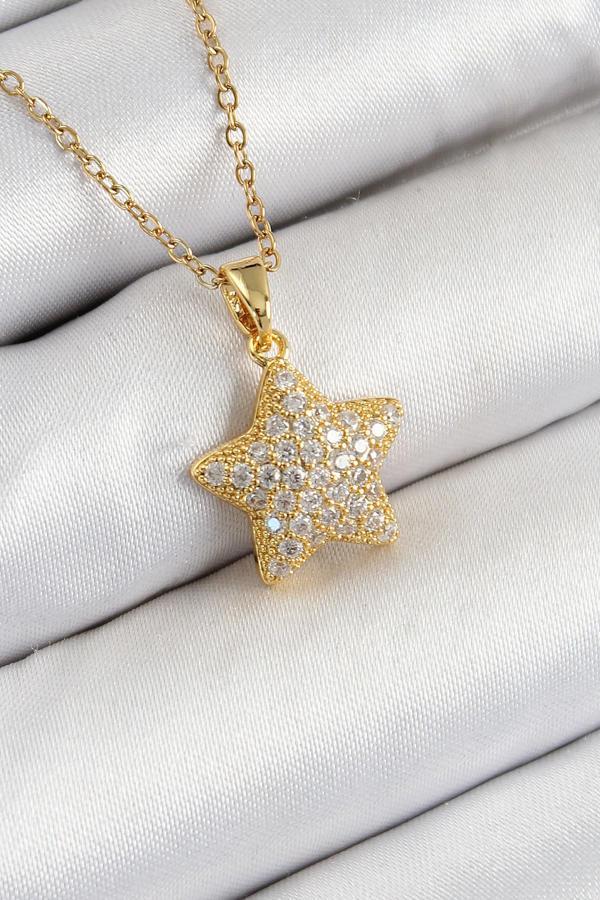 316L Çelik Zirkon Taşlı Yıldız Model Gold Renk Kadın Kolye - Image 1