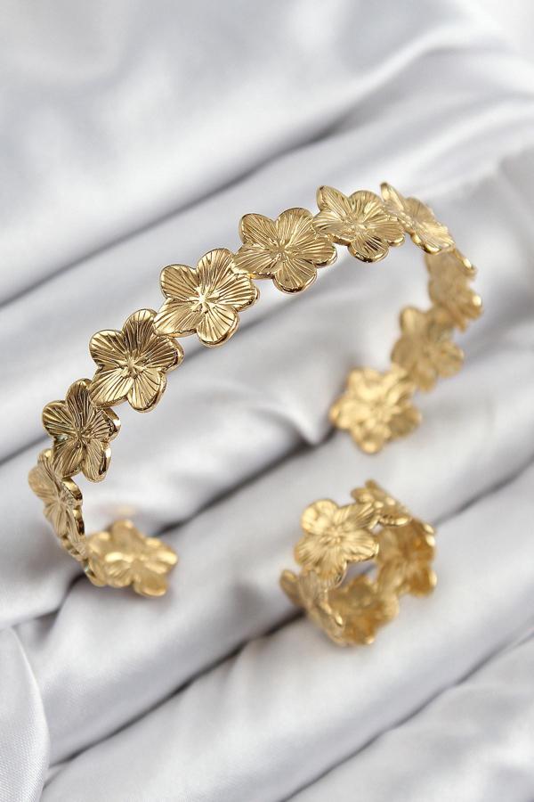 Pirinç Çiçek Model Gold Renk Bileklik Yüzük Set - Image 1