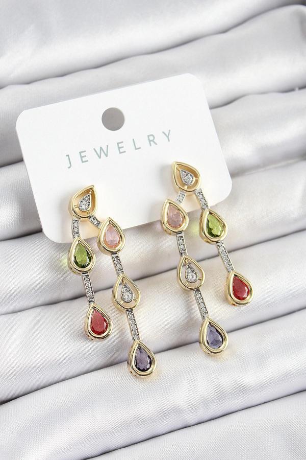 Pirinç Çoklu Damla Model Karşık Zirkon Taşlı Gold Ve Gümüş Renk Kadın Küpe SL12423 - Image 1