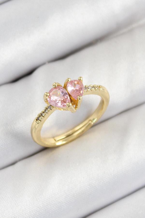 Pirinç Zirkon Taşlı Pembe Kalp Model Gold Renk Kadın Yüzük - Image 1