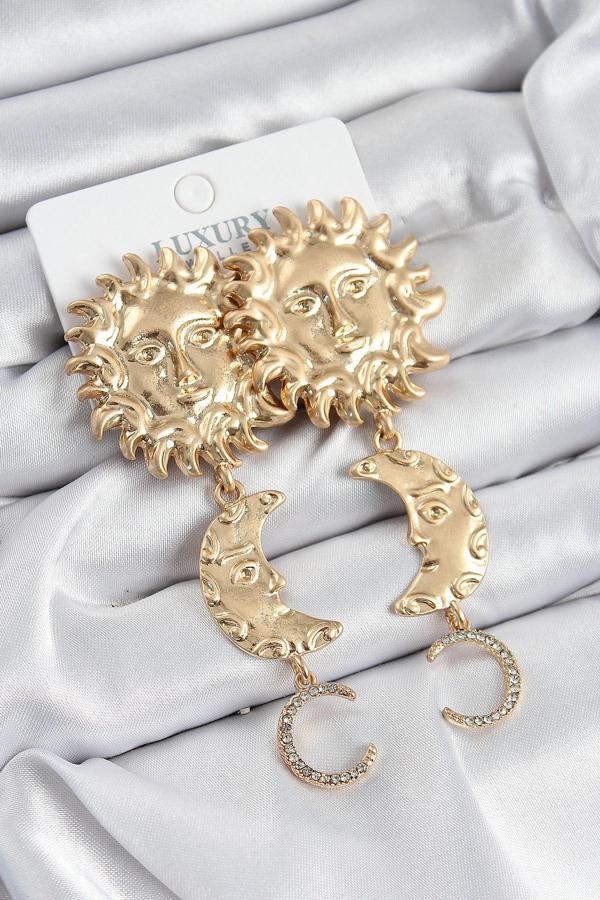 Pirinç Zirkon Taşlı Sallantılı Güneş Model Gold Renk Kadın Küpe - Image 1