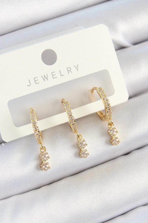 Pirinç Zirkon Taşlı Sallantılı Yıldız Model Gold Renk 3'lü Çift Kadın Küpe Set - Image 1