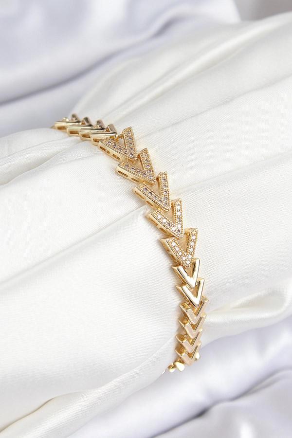 Pirinç Zirkon Taşlı Sıralı Ok Model Gold Renk Kadın Bileklik - Image 1