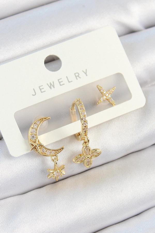 Pirinç Zirkon Taşlı Çiçek Ve Ay Model Gold Renk 3'lü Çift Kadın Küpe Set - Image 1