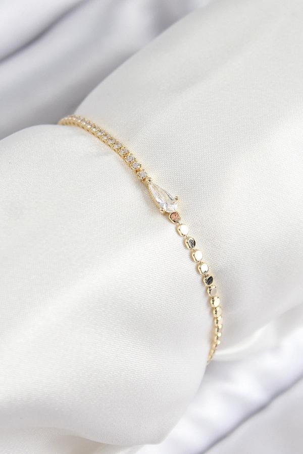Pirinç Zirkon Taşlı Damla Model Ezme Zincir Gold Renk Kadın Bileklik - Image 1