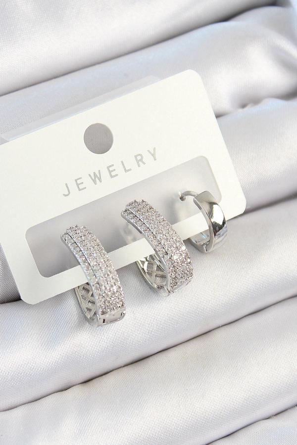 Pirinç Zirkon Taşlı Damla Model Gümüş Renk 3'lü Çift Kadın Küpe Set - Image 1