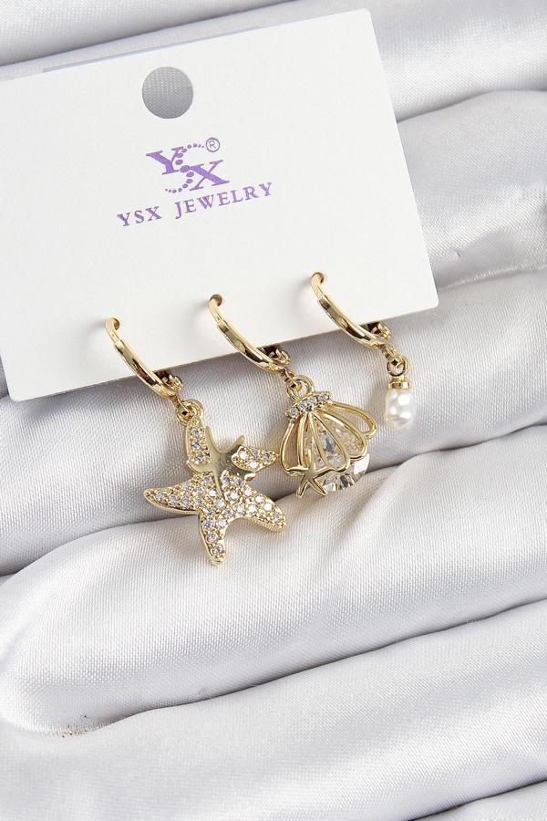 Pirinç Zİrkon Taşlı Deniz Yıldızı Ve İstiridye Model Gold Renk 3'lü Kadın Küpe - Image 1