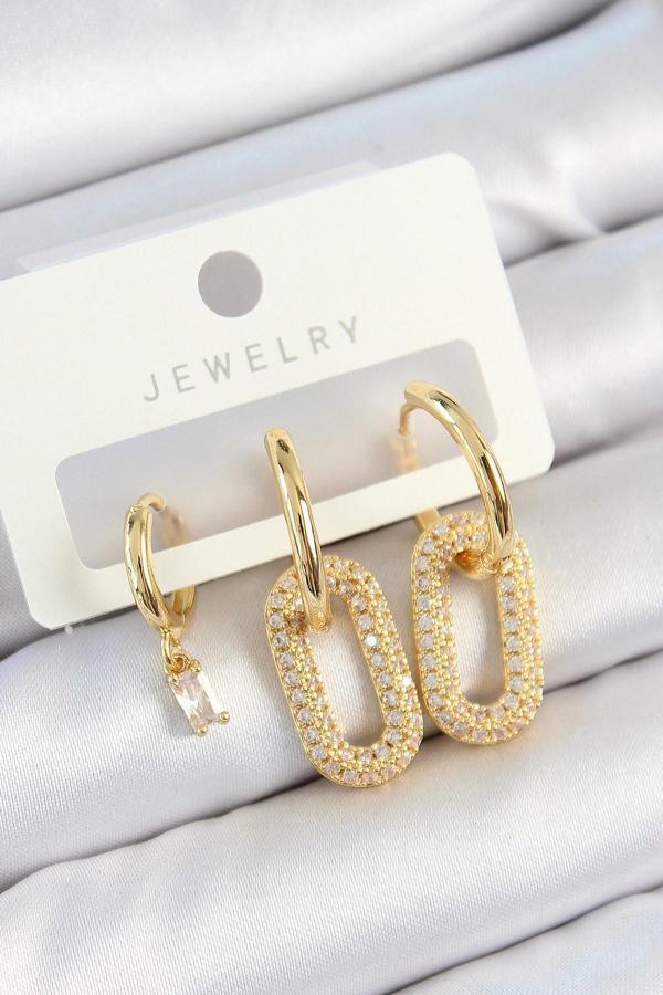 Pirinç Zirkon Taşlı Dikdörtgen Model Gold Renk 3'lü Çift Kadın Küpe Set - Image 1