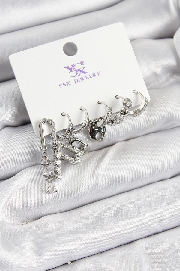 Pirinç Zİrkon Taşlı Dikdörtgen Model Gümüş Renk 3'lü Çift Kadın Küpe - Image 1