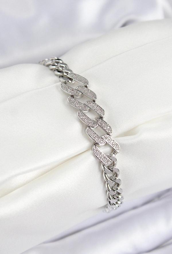 Pirinç Zirkon Taşlı Ezme Küba Zincir Model Gümüş Renk Kadın Bileklik - Image 1