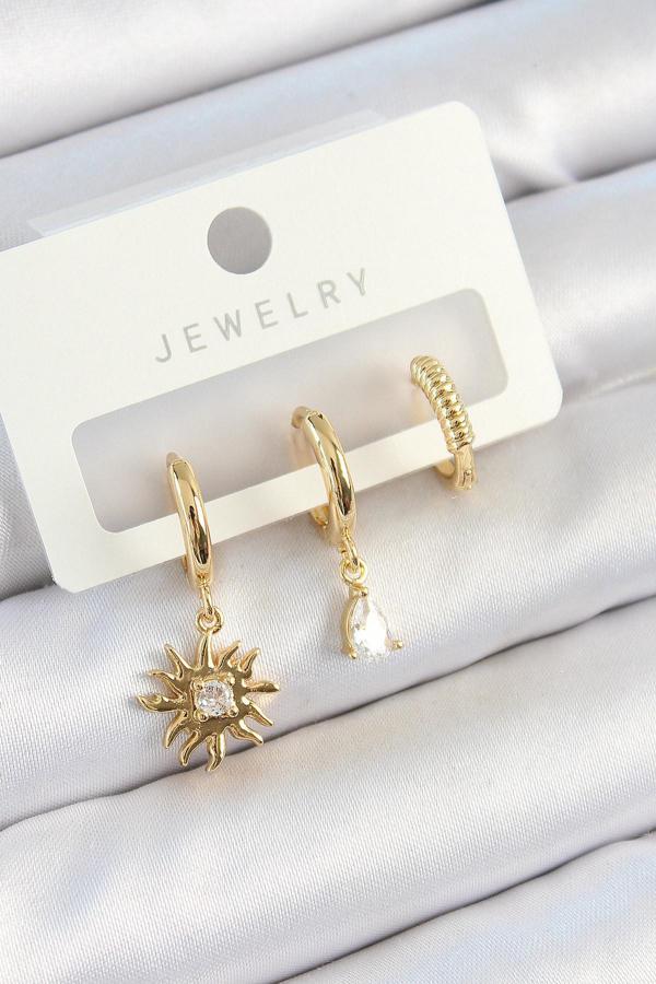 Pirinç Zirkon Taşlı Güneş Model Gold Renk 3'lü Çift Kadın Küpe Set - Image 1