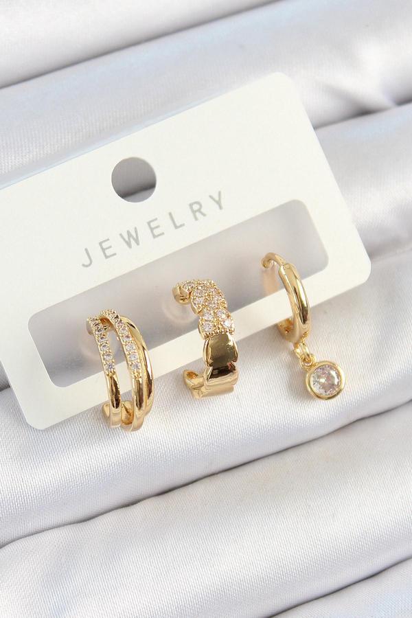 Pirinç Zirkon Taşlı Halka Model Gold Renk 3'lü Çift Kadın Küpe Set - Image 1
