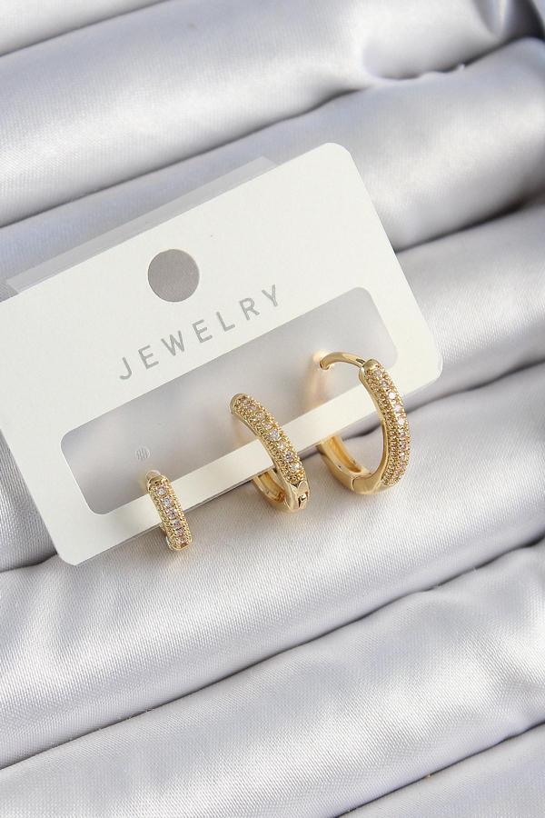 Pirinç Zirkon Taşlı Halka Model Gold Renk 3'lü Çift Kadın Küpe Set - Image 1