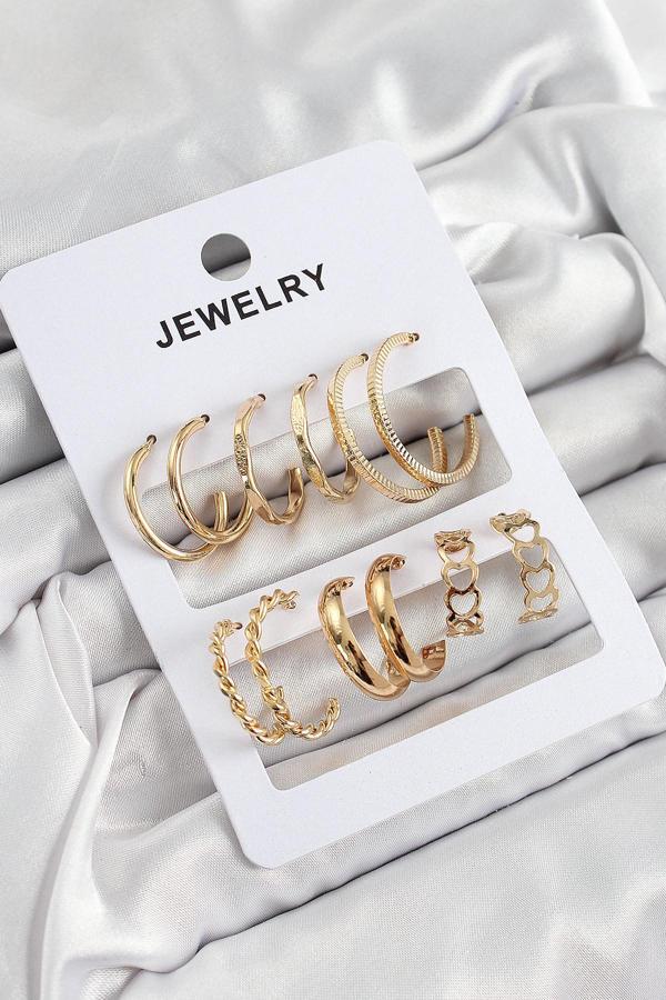 Pirinç Karışık Halka Model Gold Renk 6 Çift Kadın Küpe Set - Image 1
