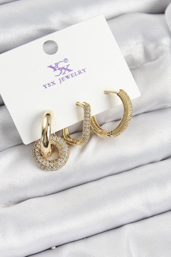 Pirinç Zİrkon Taşlı Halka Model Gold Renk 3'lü Kadın Küpe - Image 1