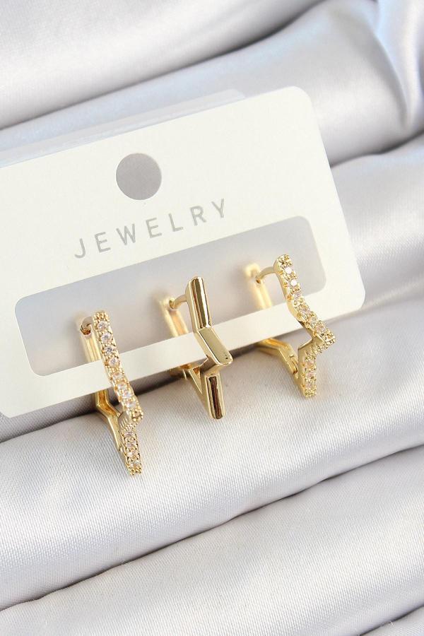 Pirinç Zirkon Taşlı Yıldız Model Gold Renk 3'lü Çift Kadın Küpe Set - Image 1