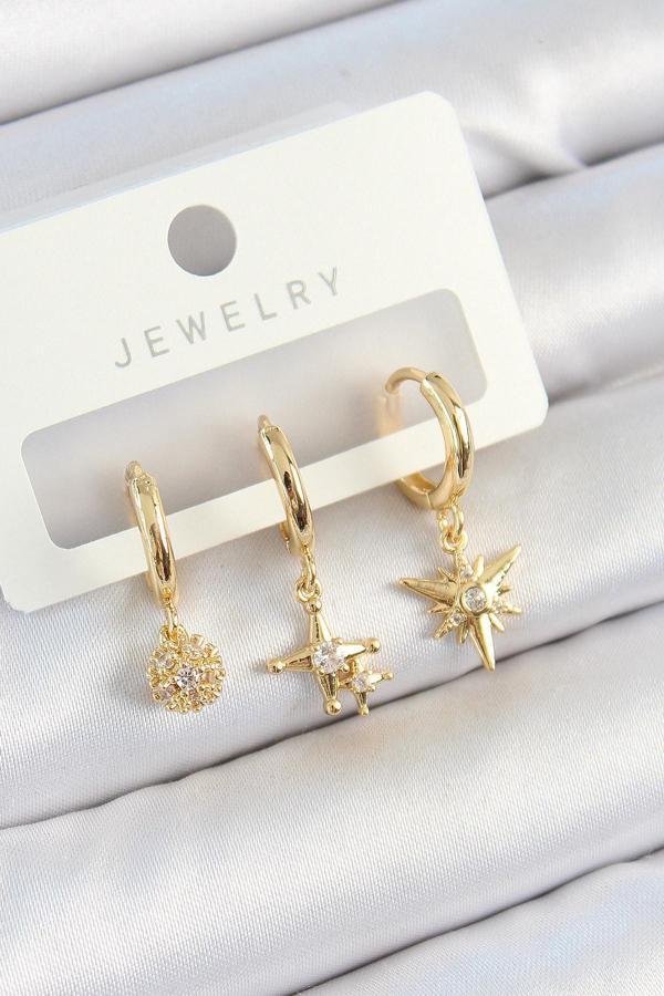 Pirinç Zirkon Taşlı Yıldız Model Gold Renk 3'lü Çift Kadın Küpe Set - Image 1