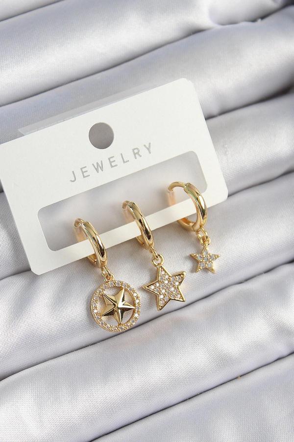 Pirinç Zirkon Taşlı Yıldız Model Gold Renk 3'lü Çift Kadın Küpe Set - Image 1