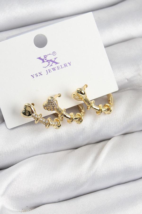 Pirinç Zİrkon Taşlı Kalp Model Gold Renk 3'lü Kadın Küpe - Image 1