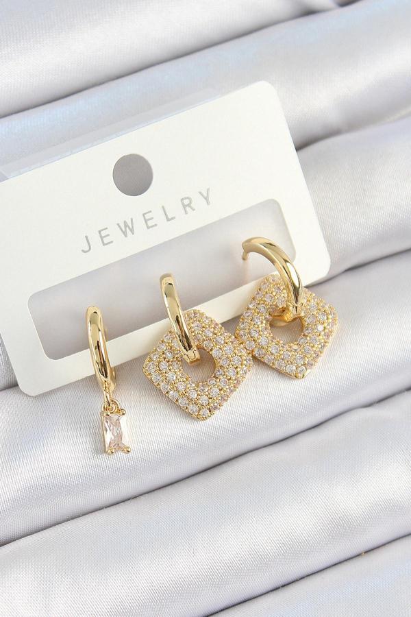 Pirinç Zirkon Taşlı Kare Model Gold Renk 3'lü Çift Kadın Küpe Set - Image 1