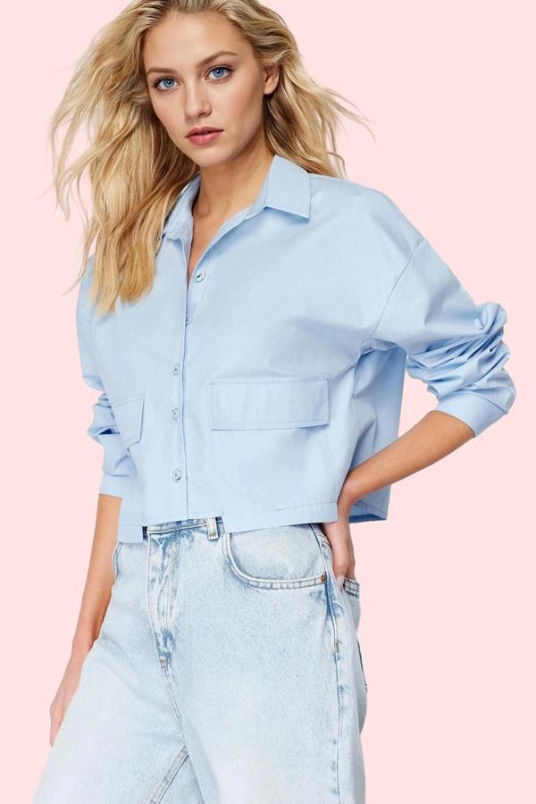 Kadın Dokuma Poplin Gömlek Crop Basic Günlük Şık Modern Tasarım Yaz Aylarının Vazgeçilmezi - Image 1
