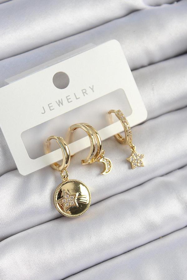 Pirinç Zirkon Taşlı Yıldız Ve Ay Model Gold Renk 3'lü Çift Kadın Küpe Set - Image 1