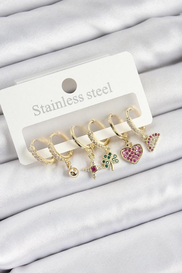Pirinç Zirkon Taşlı Karpuz Yonca Kalp Pusula Karışık Model Gold Renk 6'lı Set Kadın Küpe SL12440 - Image 1
