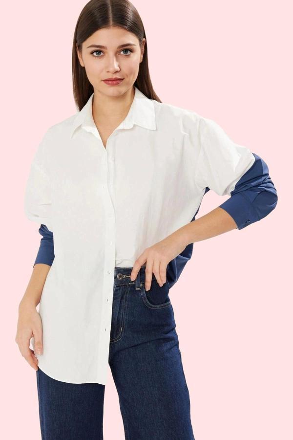 Kadın Pamuklu Dokuma Gömlek Uzun Kollu Regular Boy Oversize Kalıp Yaz Aylarının Vazgeçilmezi - Image 1