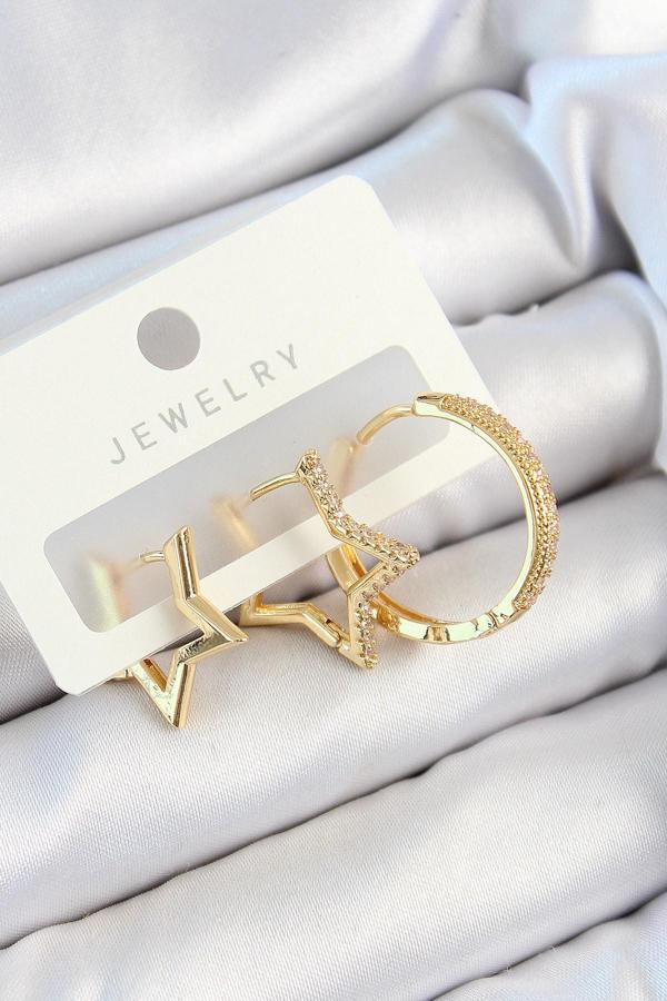 Pirinç Zirkon Taşlı Yıldız Ve Halka Model Gold Renk 3'lü Çift Kadın Küpe Set - Image 1