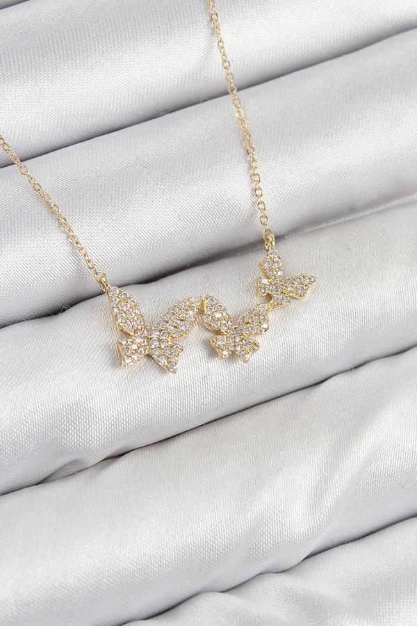 Pirinç Zirkon Taşlı Kelebek Model Gold Renk Kadın Kolye - Image 1