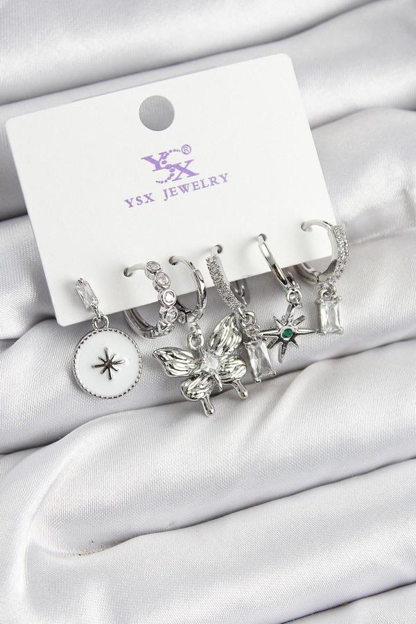 Pirinç Zİrkon Taşlı Kelebek ve Yıldız Model Gümüş Renk 3'lü Çift Kadın Küpe - Image 1