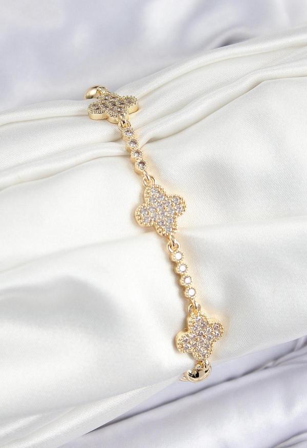 Pirinç Zirkon Taşlı Yonca Model Gold Renk Kadın Bileklik - Image 1
