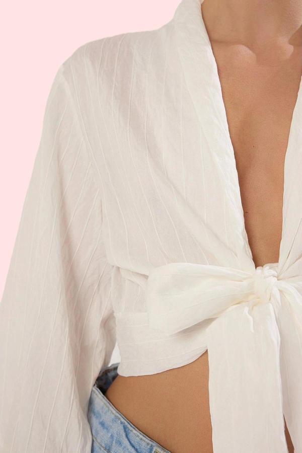 Kadın V Yaka Çizgili Dokuma Crop Gömlek Rahat Günlük Kullanım Hafta Sonu Dayanıklı Malzeme - Image 1