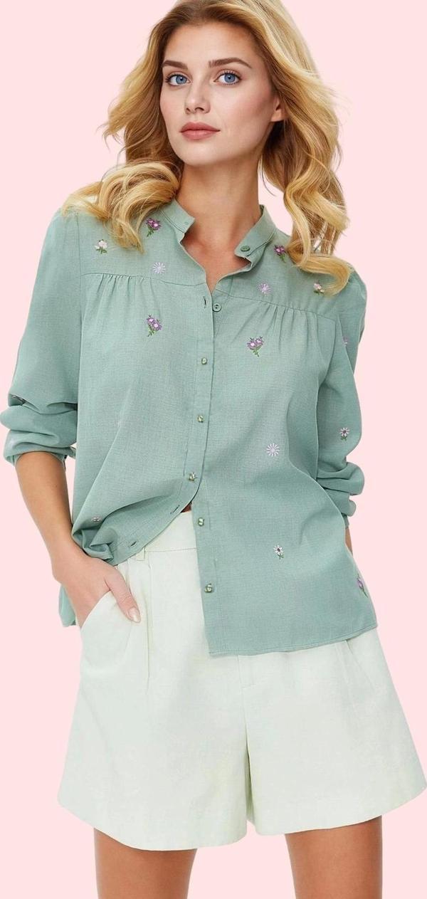 Kadın Pamuklu Flamlı Dokuma Gömlek Dik Yaka Günlük Casual Stil Hafta Sonu Kaliteli Malzeme - Image 1