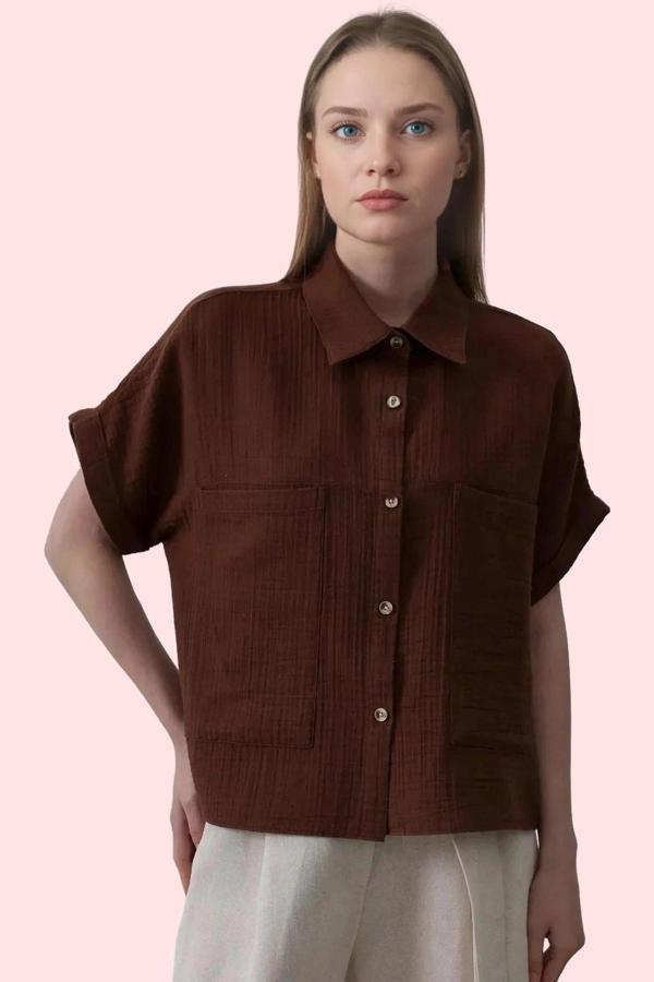 Kadın Pamuk Düz Desen Basic Oversize Kısa Kollu Gömlek Yazlık Günlük Kullanım Modern Tasarım - Image 1