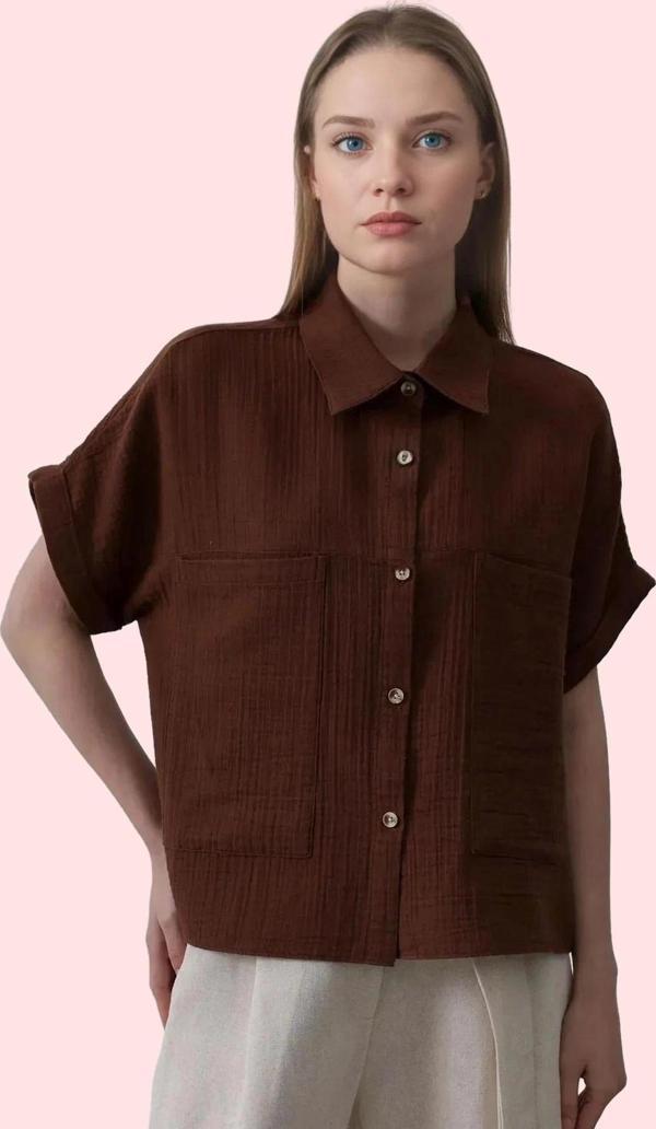 Kadın Pamuk Düz Desen Basic Oversize Kısa Kollu Gömlek Yazlık Günlük Kullanım Modern Tasarım - Image 1